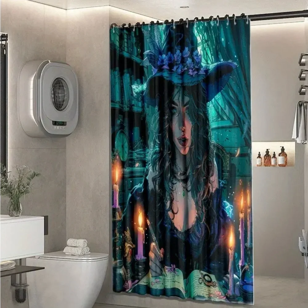 Exquisite Witch Shower Curtain Waterproof Fabric with‎ 12 White Plastic Hooks